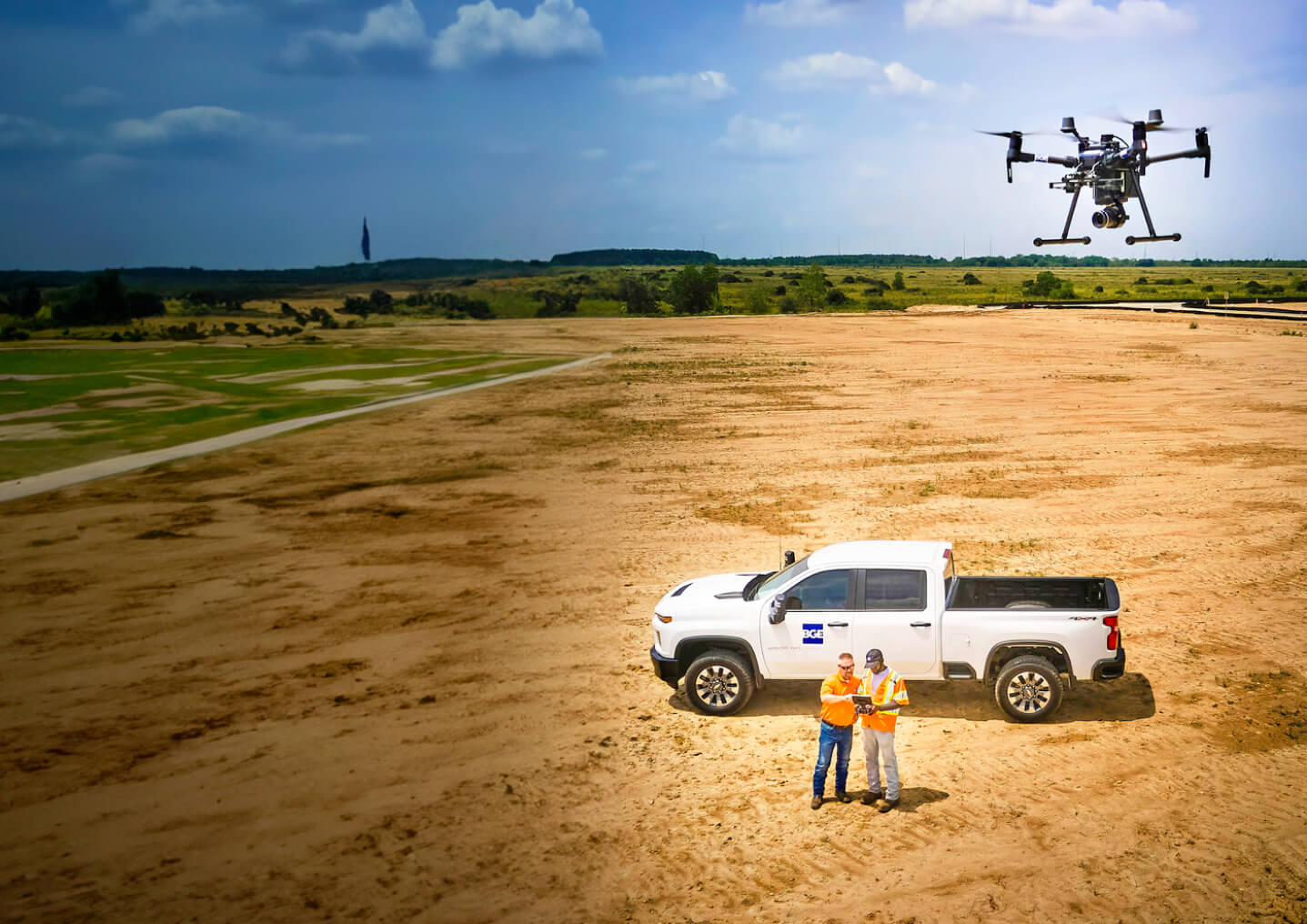 A BGE team in the field using a drone to help survey