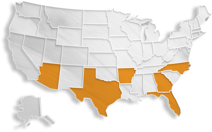 A map of the US with certain states highlighted with BGE locations