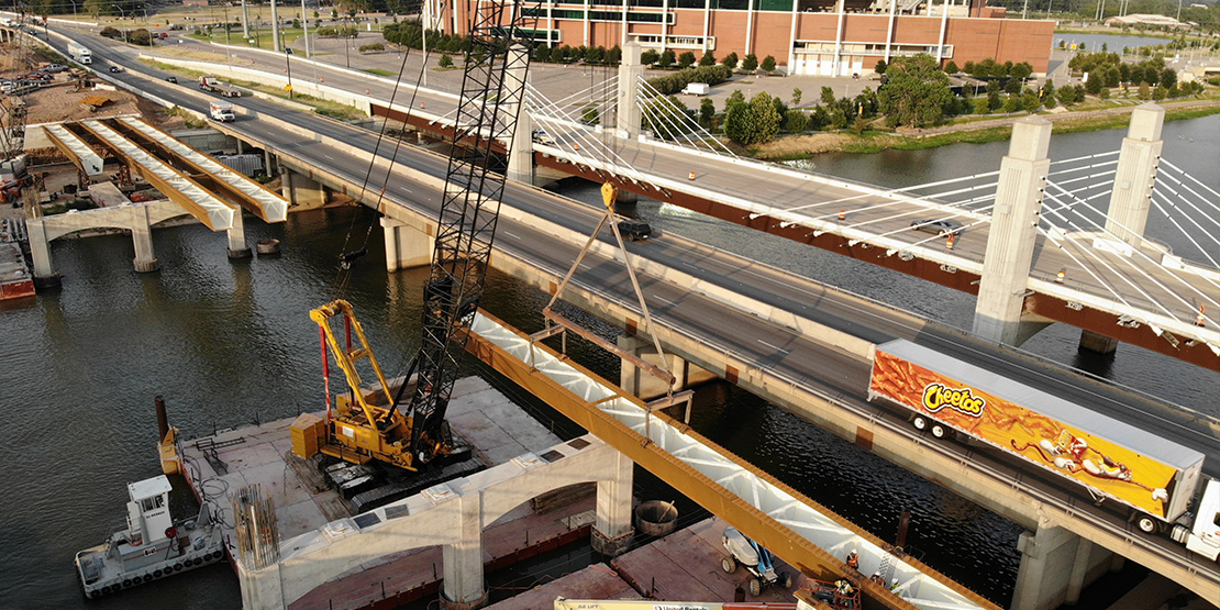 A crane moving supports while constructing the IH 35 Waco 4B reconstruction designed by BGE, Inc.