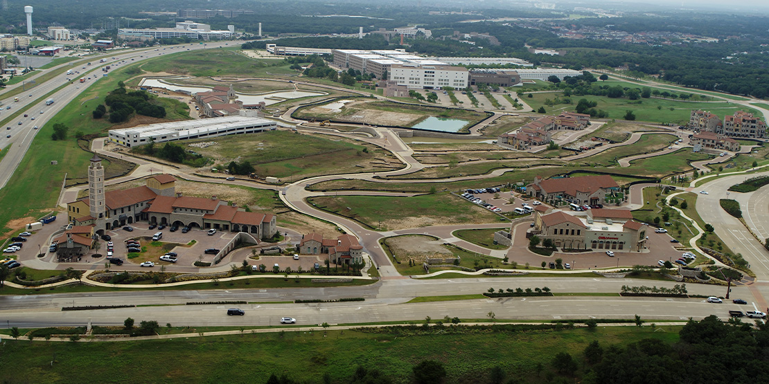 An aerial view of the winding roads at Westlake Entrada designed by BGE, Inc.