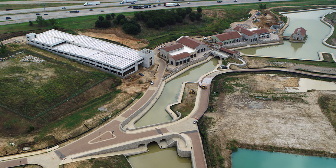 An aerial view of a large parking structure at Westlake Entrada