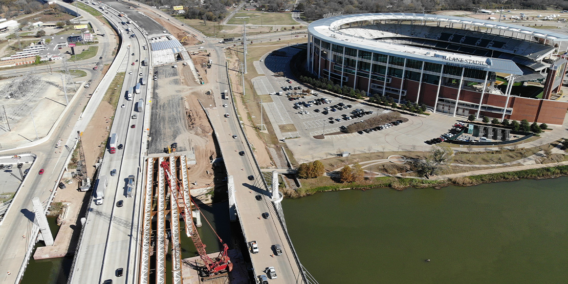 An aerial view of the IH 34 Waco 4B freeway underconstruction next to the McLane Stadium